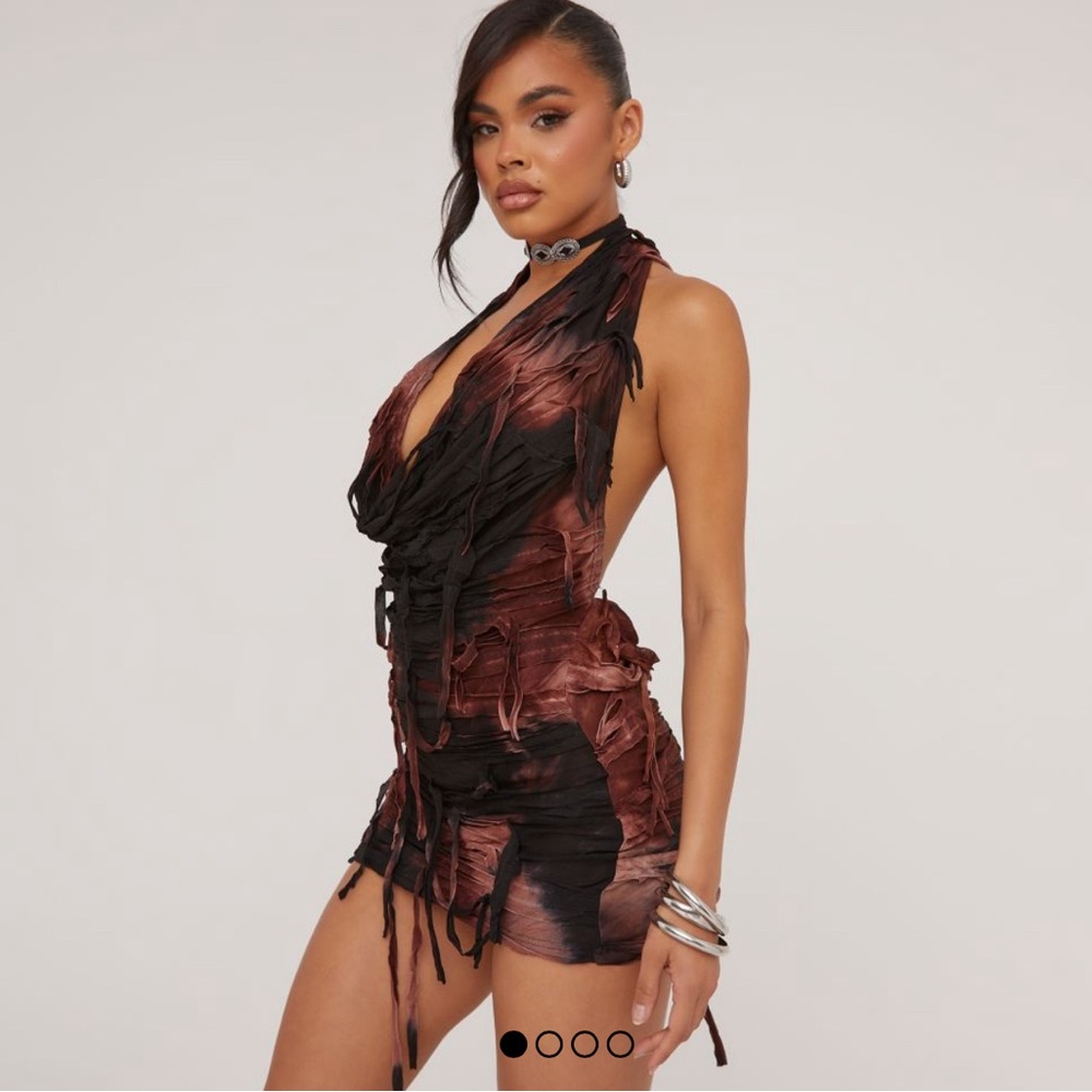 HALTERNECK COWL DISTRESSED DETAIL MINI DRESS IN BROWN OMBRE